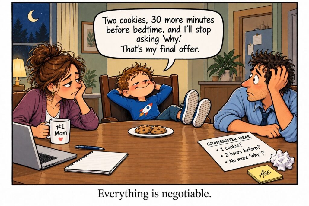 Comic: at the dinner table a child tells two tired parents, "Two cookies, 30 more minutes before bedtime, and I'll stop asking 'why.' That's my final offer." Caption: Everything is negotiable.
